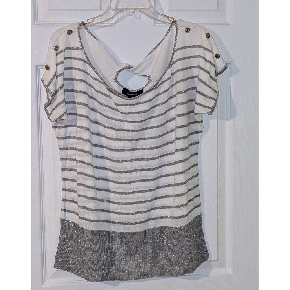 Ashley Stewart Striped Metallic Knit Twist Back V-Neck Top Button Detail Size 12